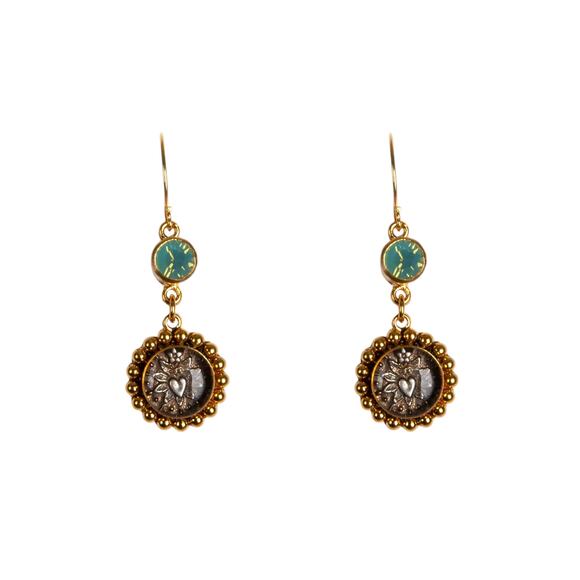 VIRGINS SAINTS & ANGELS VSA Magdalena Sacred Heart Earrings Gold & Pacific Opal - Picture 1 of 8
